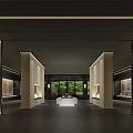 Contemporary Exhibition Hall Interior Featuring Symmetrical Pillars Display Cabinets Central Platform And Scenic Window View