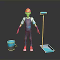 Man Wearing Yellow Hard Hat Blue Overalls Purple Gloves with Paint Roller Bucket and Tray