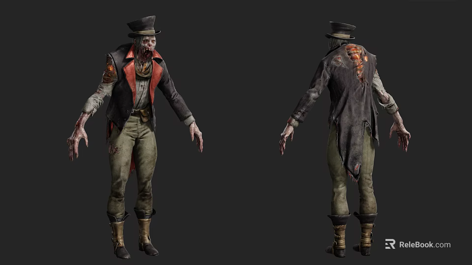 Zombie Character Design With Top Hat Tattered Vest And Bloody Undead Features 3d model