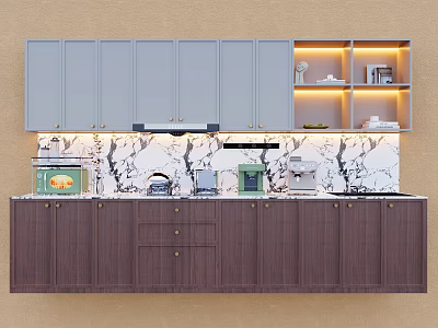 Gray Upper And Dark Brown Lower Kitchen Cabinets With Marble Countertop Appliances Lit Open Shelves 3d model