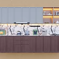 Gray Upper And Dark Brown Lower Kitchen Cabinets With Marble Countertop Appliances Lit Open Shelves