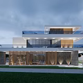 Modern Detached Villa Exterior With Balcony Palm Trees Glass Facade And Gate