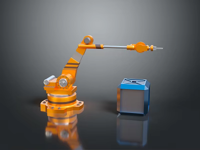 Orange Industrial Robotic Arm Performing Precision Handling With Blue Gray Block 3d model