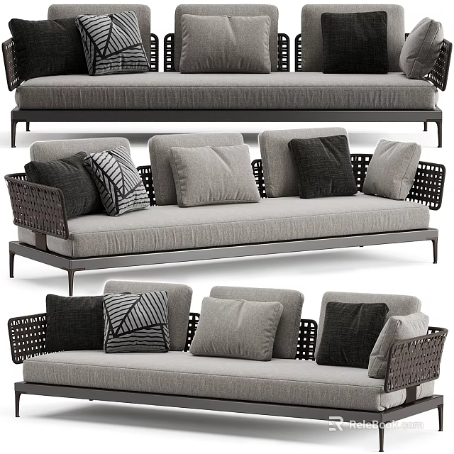 Modern Sectional Sofa With Wicker Armrests Gray Cushions And Metal Frame 3d model