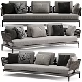 Modern Sectional Sofa With Wicker Armrests Gray Cushions And Metal Frame 3d model