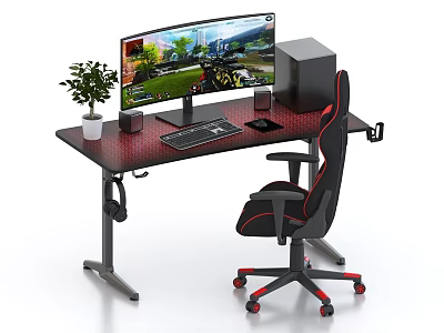Modern Gaming Desk Setup With Curved Monitor Keyboard Mouse Speakers Plant And Ergonomic Chair 3d model