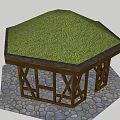 Wooden Pavilion With Green Grass Roof And Hexagonal Open Frame Structure