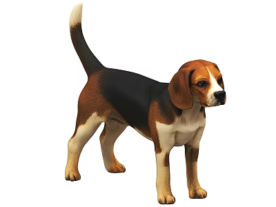 Adorable Beagle Dog With Tricolor Fur Standing In Alert Posture 3d model