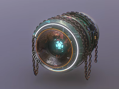 Cylindrical Industrial Equipment Suspended By Metal Chains With Illuminated Core And Ring Lights 3d model
