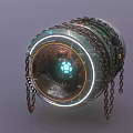 Cylindrical Industrial Equipment Suspended By Metal Chains With Illuminated Core And Ring Lights