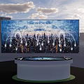 Circular Display Shelf With Interactive Console Background Screen Showing City Night View And Network Patterns