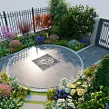 Lush Courtyard Garden With Fence Colorful Shrubs Circular Stone Path Decorative Centerpiece And Small Pond