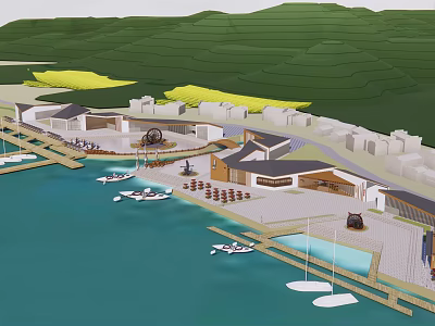 Scenic Coastal Waterfront With White Boats Wooden Docks Green Hills And Traditional Buildings 3d model