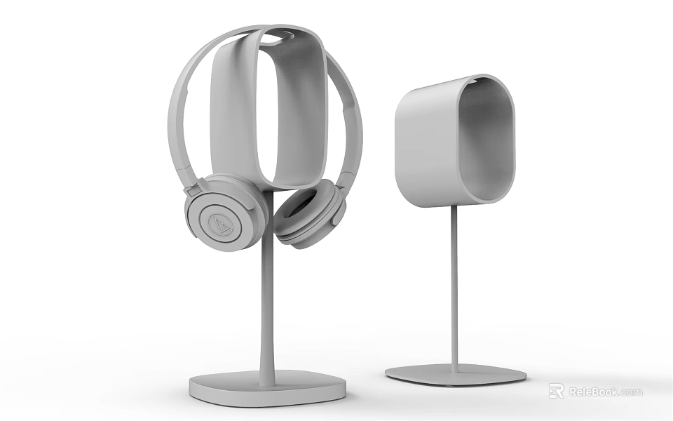 Modern Sleek Headphones and Speakers Displayed on Minimalist Stands with Clean Design 3d model 