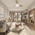 Bright Living Room Interior With Beige Sofa Abstract Painting Wooden Ceiling Fan And Large Windows