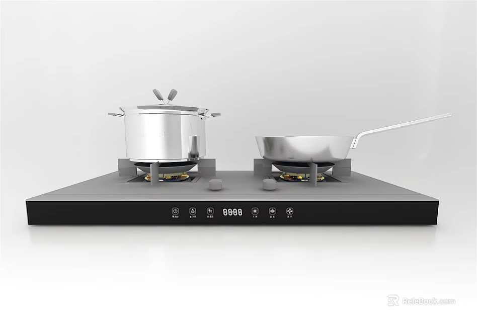 Modern Kitchen Gas Stove With Pot Frying Pan And Digital Control Panel 3d model 