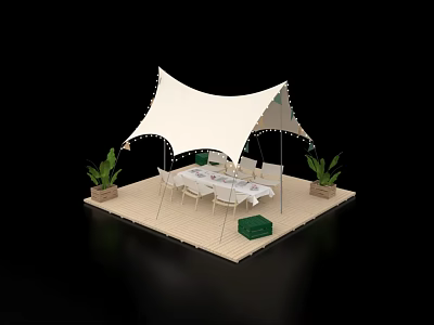 Interactive Area With White Canopy Tent Table Chairs And Potted Plants 3d model