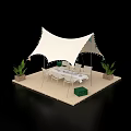 Interactive Area With White Canopy Tent Table Chairs And Potted Plants