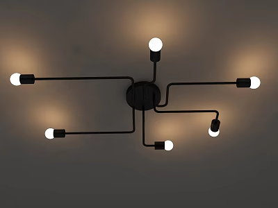 Black Chandelier with Multiple Arms White Bulbs Mounted on Gray Ceiling Creating Soft Illuminated Glow 3d model