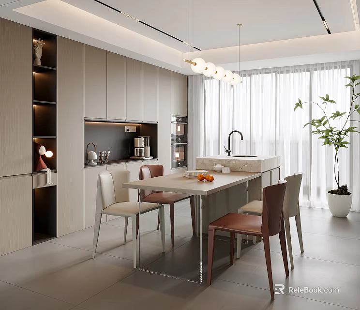 Modern Restaurant Interior Design With Open Dining Table Chairs Pendant Lights And Cabinets 3d model 