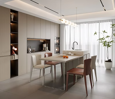 Modern Restaurant Interior Design With Open Dining Table Chairs Pendant Lights And Cabinets 3d model