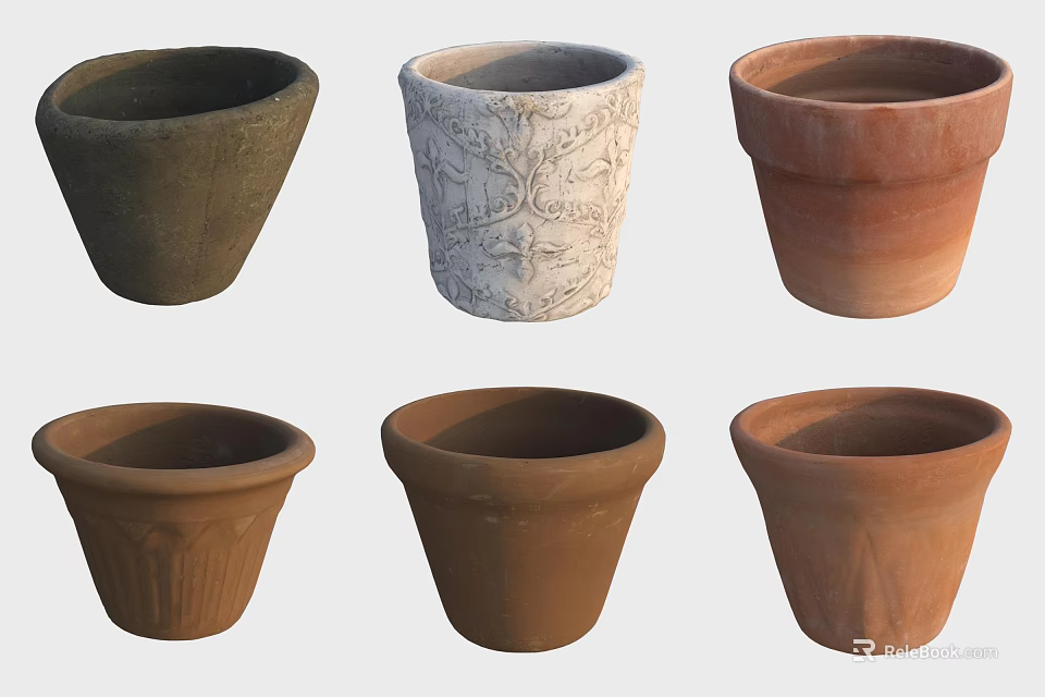 Six Ceramic Pots In Various Colors With Carved Patterns And Textured Surfaces 3d model 