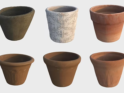 Six Ceramic Pots In Various Colors With Carved Patterns And Textured Surfaces 3d model