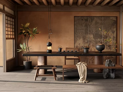 Traditional Tea Room Interior with Wooden Ceiling Shoji Screen Tea Sets and Potted Plants 3d model