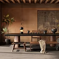 Traditional Tea Room Interior with Wooden Ceiling Shoji Screen Tea Sets and Potted Plants