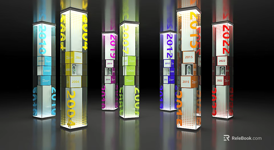 Colorful Modern Display Shelves With Year Numbers And Cloud Themed Elements 3d model 