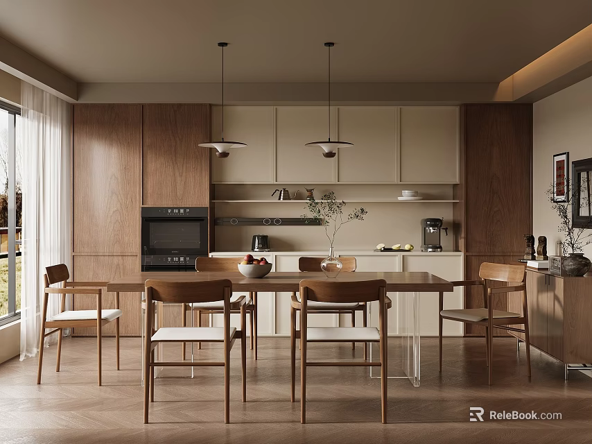 Modern Restaurant Interior With Wooden Dining Table Chairs Pendant Lights And Natural Light 3d model 