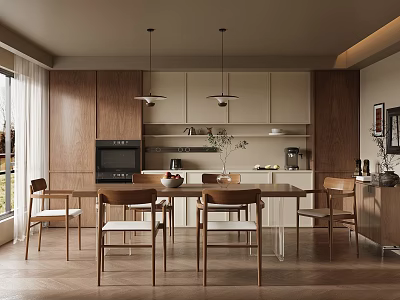 Modern Restaurant Interior With Wooden Dining Table Chairs Pendant Lights And Natural Light 3d model