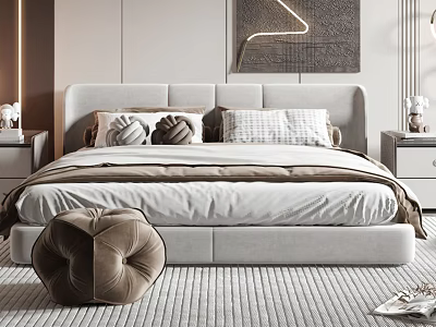 Modern Double Bed With Light Gray Upholstered Headboard Plush Pillows And Soft Textured Carpet 3d model