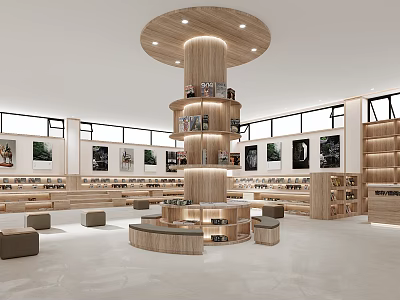 Book Art Interior Design With Circular Wooden Bookshelf Displaying Books And Art Posters 3d model