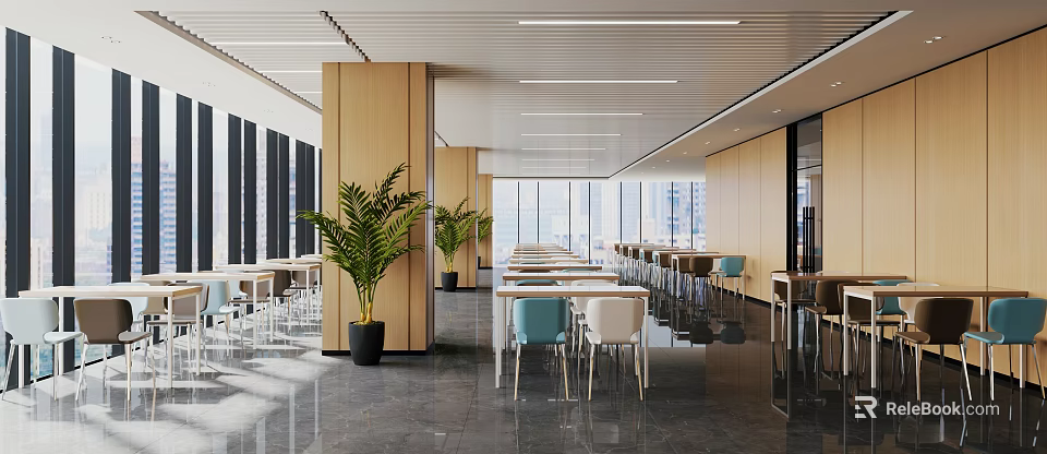 Modern Office Space With Plants Tables Chairs And Large Windows 3d model