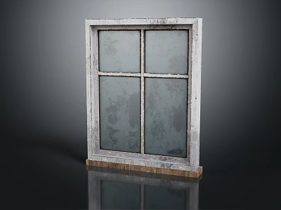 Vintage Interior Casement Window With White Frame Four Panes Frosted Glass And Wooden Base 3d model