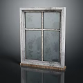 Vintage Interior Casement Window With White Frame Four Panes Frosted Glass And Wooden Base
