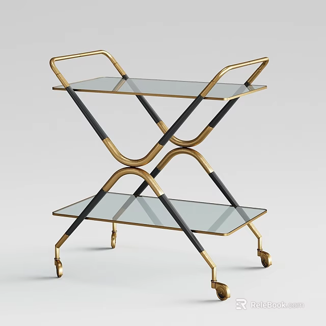 Two Tier Modern Glass Shelf Cart With Gold Black Metal Frame And Wheels 3d model 