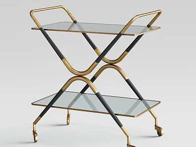 Two Tier Modern Glass Shelf Cart With Gold Black Metal Frame And Wheels 3d model