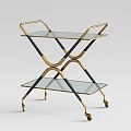 Two Tier Modern Glass Shelf Cart With Gold Black Metal Frame And Wheels