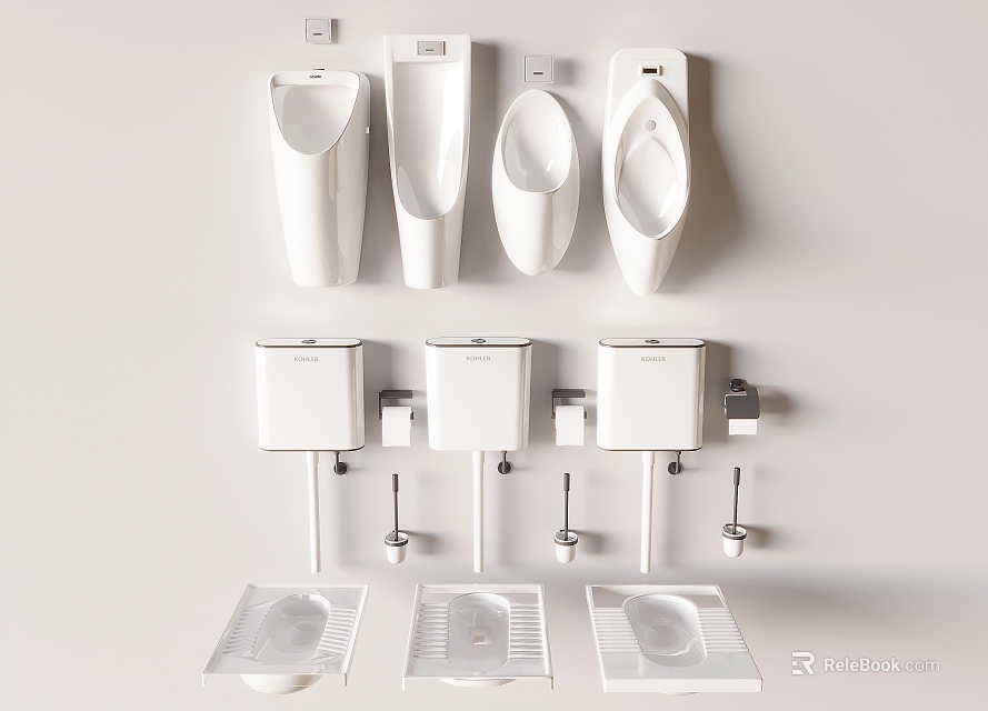 Modern Wall Mounted Urinals With Various Designs Flush Tanks And Drain Bases 3d model 