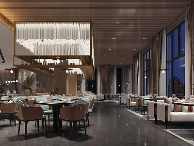Elegant Modern Restaurant Interior With Wooden Ceiling Large Chandelier And Floor To Ceiling Windows 3d model