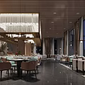 Elegant Modern Restaurant Interior With Wooden Ceiling Large Chandelier And Floor To Ceiling Windows