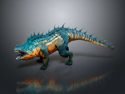 Fierce 3D Game and Movie Monster Character With Blue Orange Skin Spiked Back Open Mouth 3d model