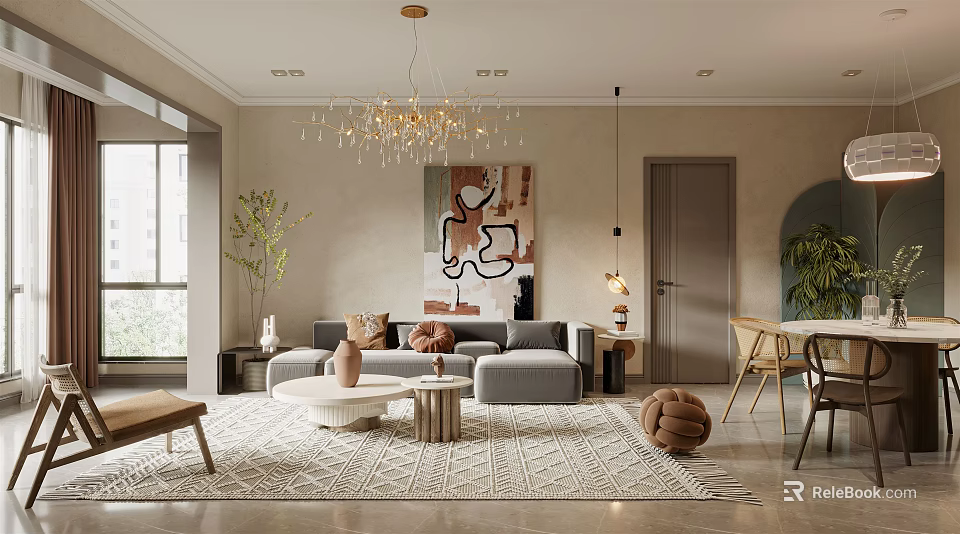Elegant Modern Living Dining Room Interior With Sofa Coffee Table Area Rug Artwork And Chandelier 3d model 