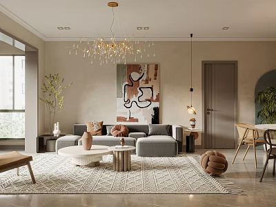 Elegant Modern Living Dining Room Interior With Sofa Coffee Table Area Rug Artwork And Chandelier 3d model