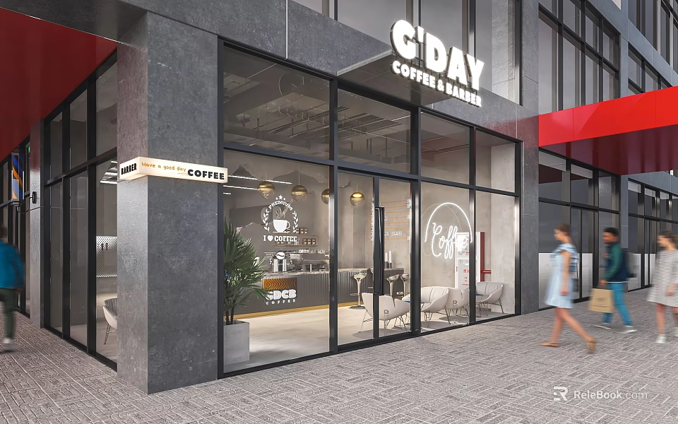 G'DAY Coffee Bakery Storefront With Glass Facade And Pedestrians Walking Outside 3d model 