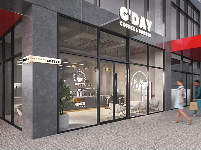 G'DAY Coffee Bakery Storefront With Glass Facade And Pedestrians Walking Outside 3d model