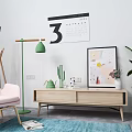 Modern Living Room TV Stand With Pink Chair Floor Lamp And Green Plant
