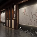 Chinese Style Gallery Corridor With Traditional Paintings Wooden Frames And Wall Lighting